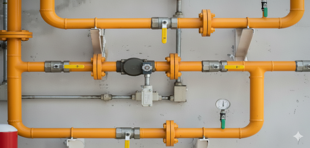 Yellow pipes with valves and gauges against a concrete wall.