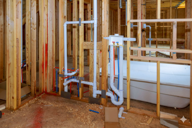 Bathroom framing with exposed plumbing. White pipes, blue/red water lines, and a bathtub visible.
