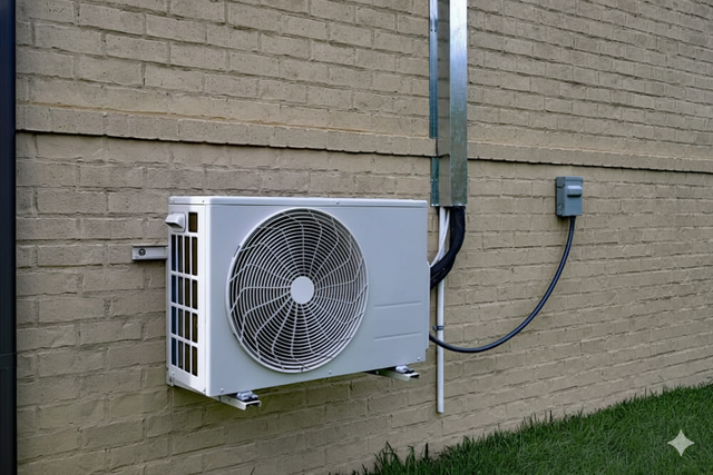 Exterior HVAC unit mounted on a brick wall with connected electrical conduit.
