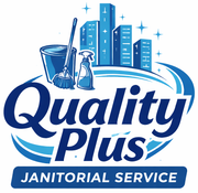 Logo for Quality Plus Janitorial Service featuring a mop, bucket, spray bottle, and city skyline in blue tones.