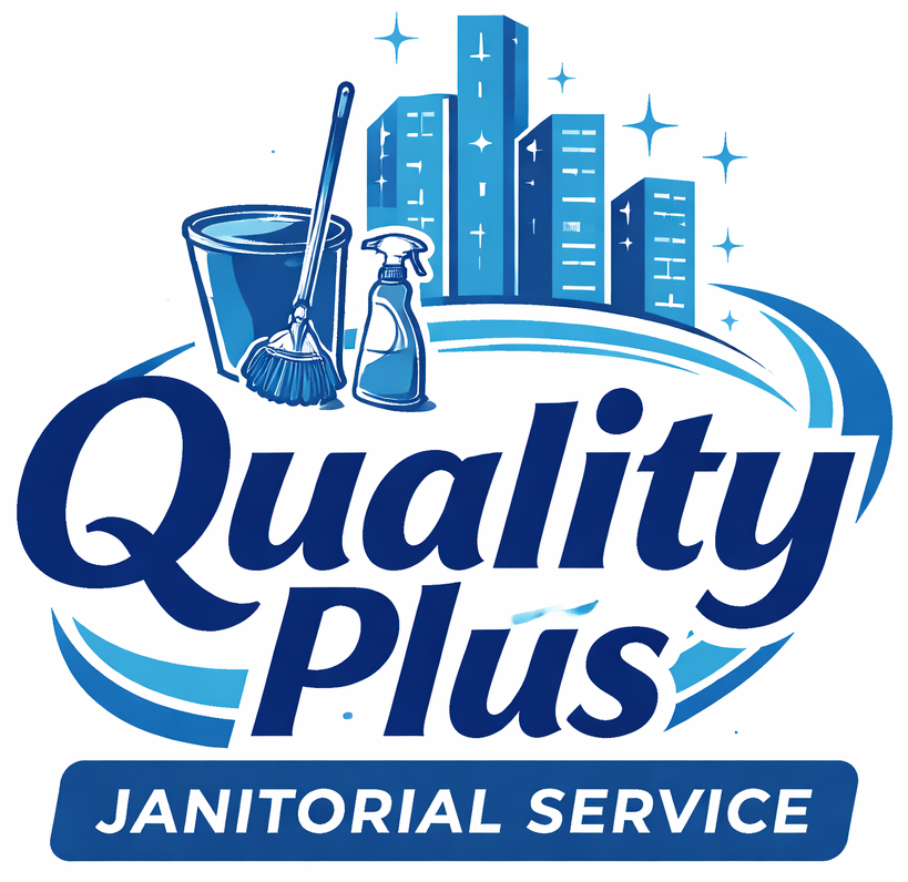 Logo for Quality Plus Janitorial Service featuring a mop, bucket, spray bottle, and city skyline in blue tones.