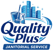 Blue logo for Quality Plus Janitorial Service featuring a mop, bucket, cleaning spray, and city skyline.