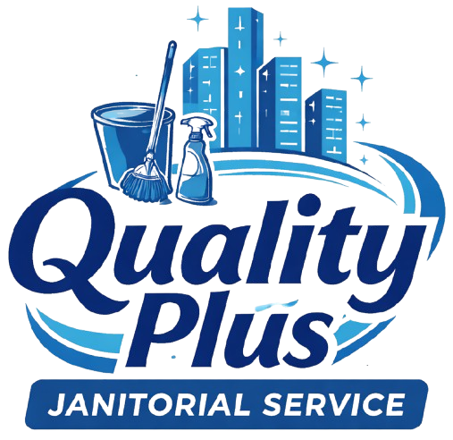 Blue logo for Quality Plus Janitorial Service featuring a mop, bucket, cleaning spray, and city skyline.