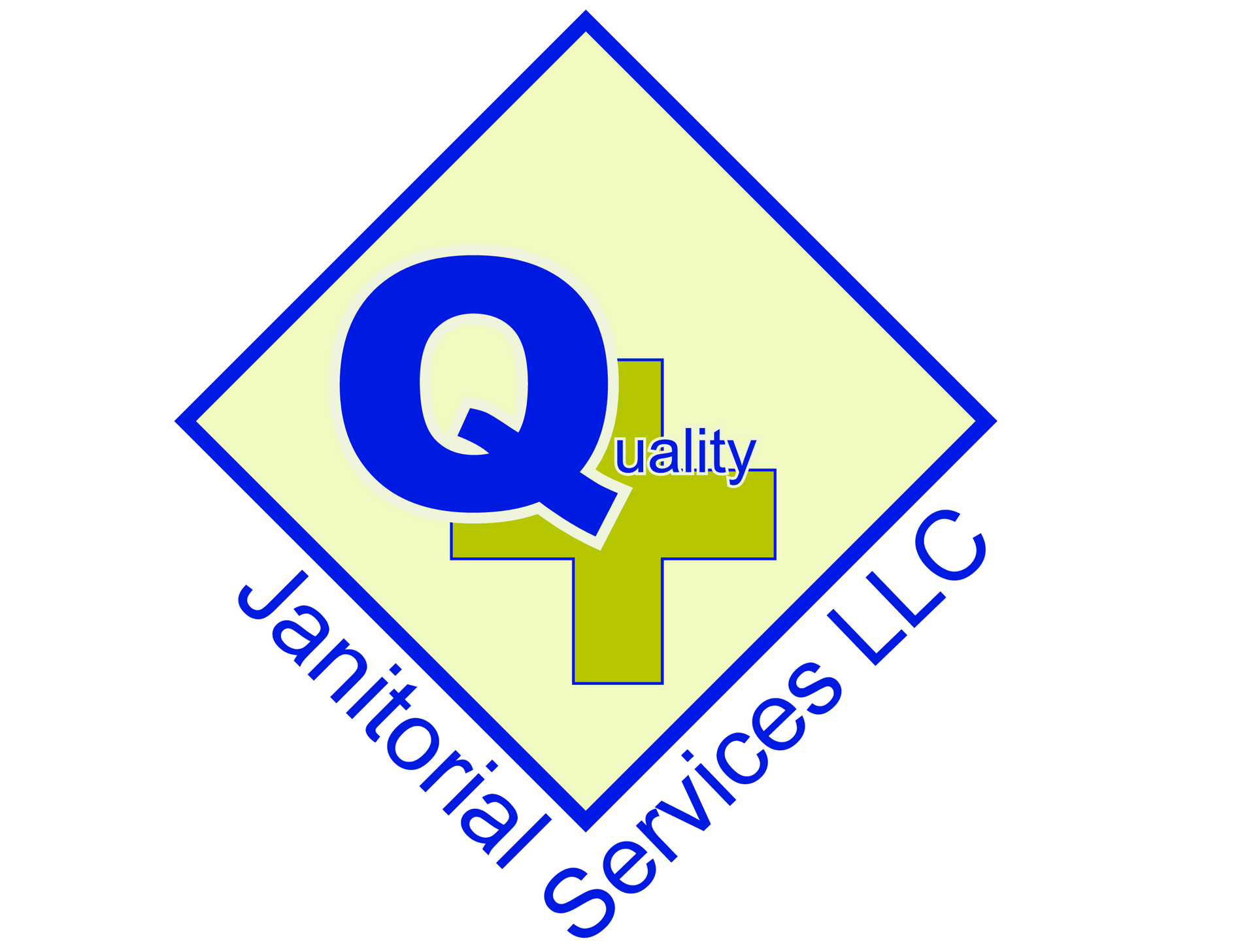 Logo for Quality Plus Janitorial Service featuring a mop, bucket, spray bottle, and city skyline in blue tones.