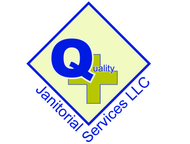 Logo for Quality Plus Janitorial Service featuring a mop, bucket, spray bottle, and city skyline in blue tones.