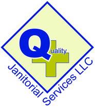 Blue logo for Quality Plus Janitorial Service featuring a mop, bucket, cleaning spray, and city skyline.