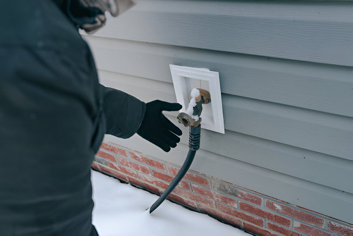 A man is fixing a hose on the side of a house.