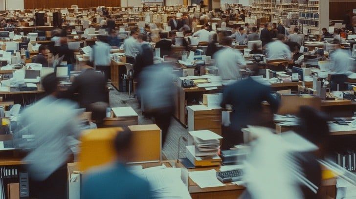 people hustling on a busy day in the office