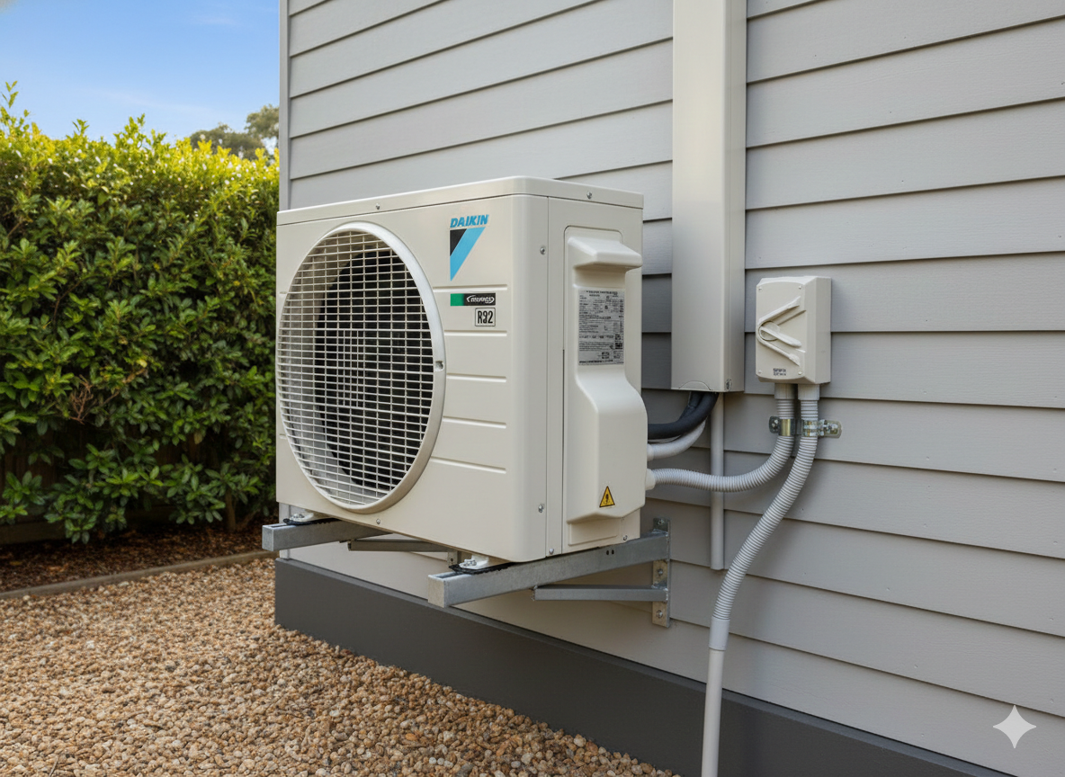 Air conditioning unit mounted on a gray wall with power conduits.