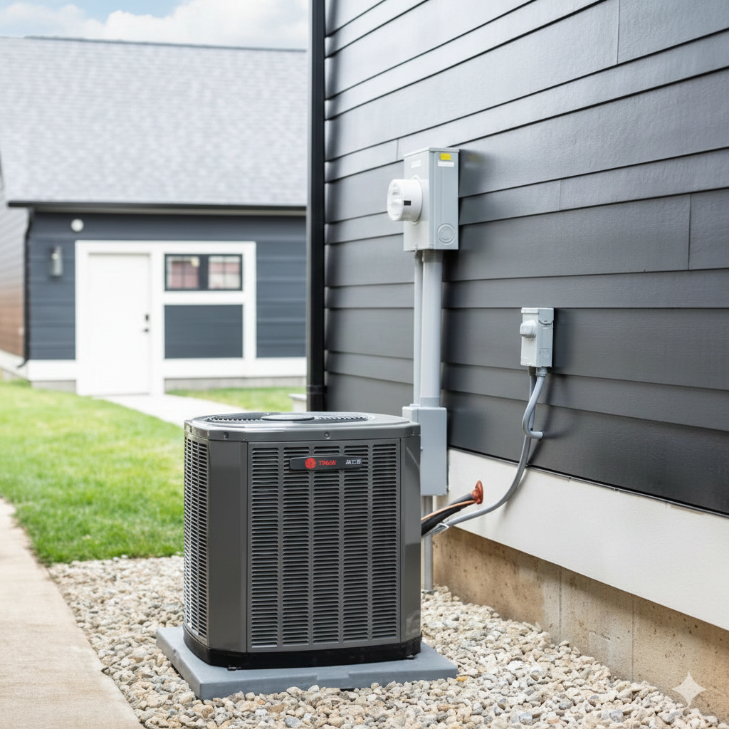 An air conditioner unit outside a dark-painted home next to electrical hookups.