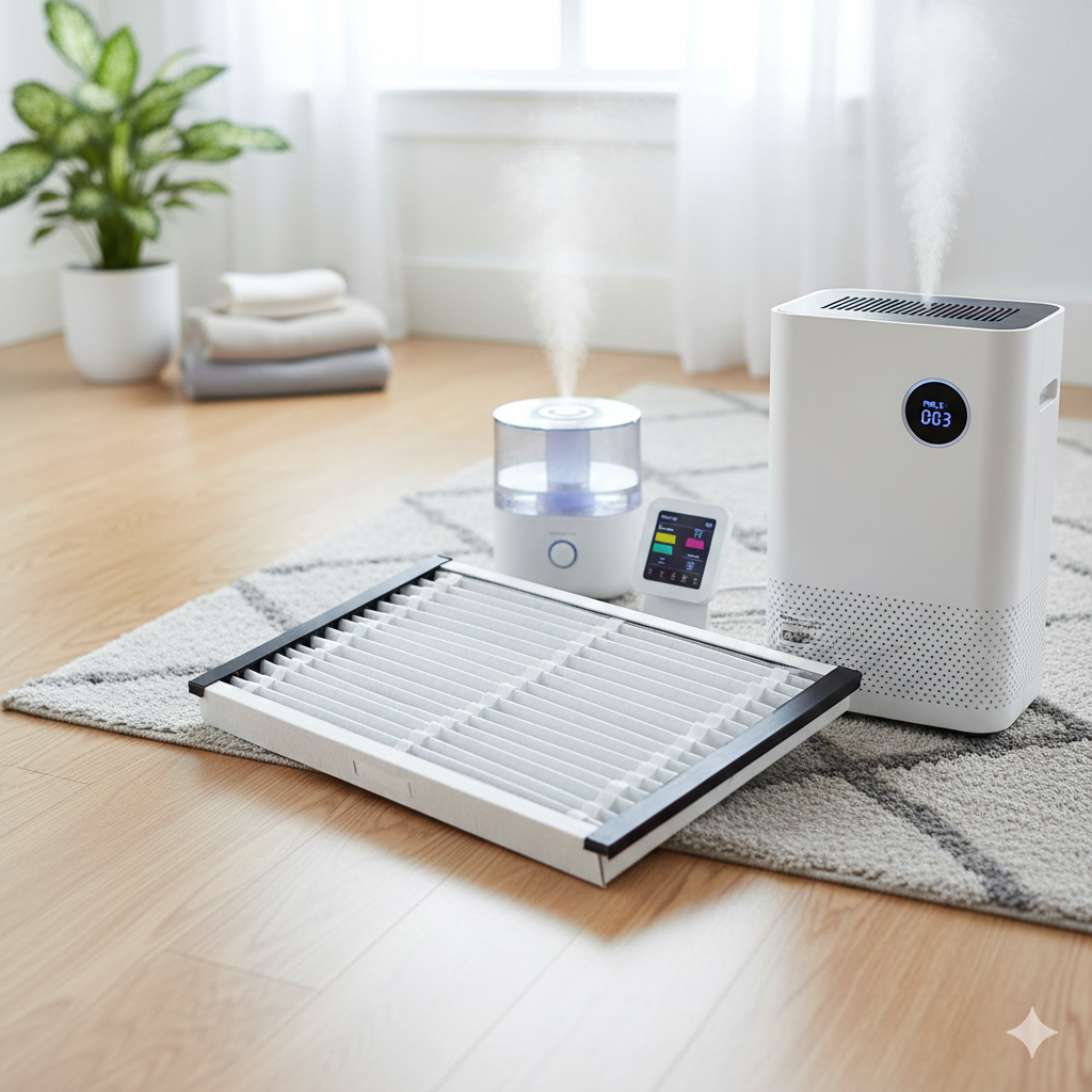 Air purifier and humidifier with filter on rug, near plant and folded towels in a bright room.