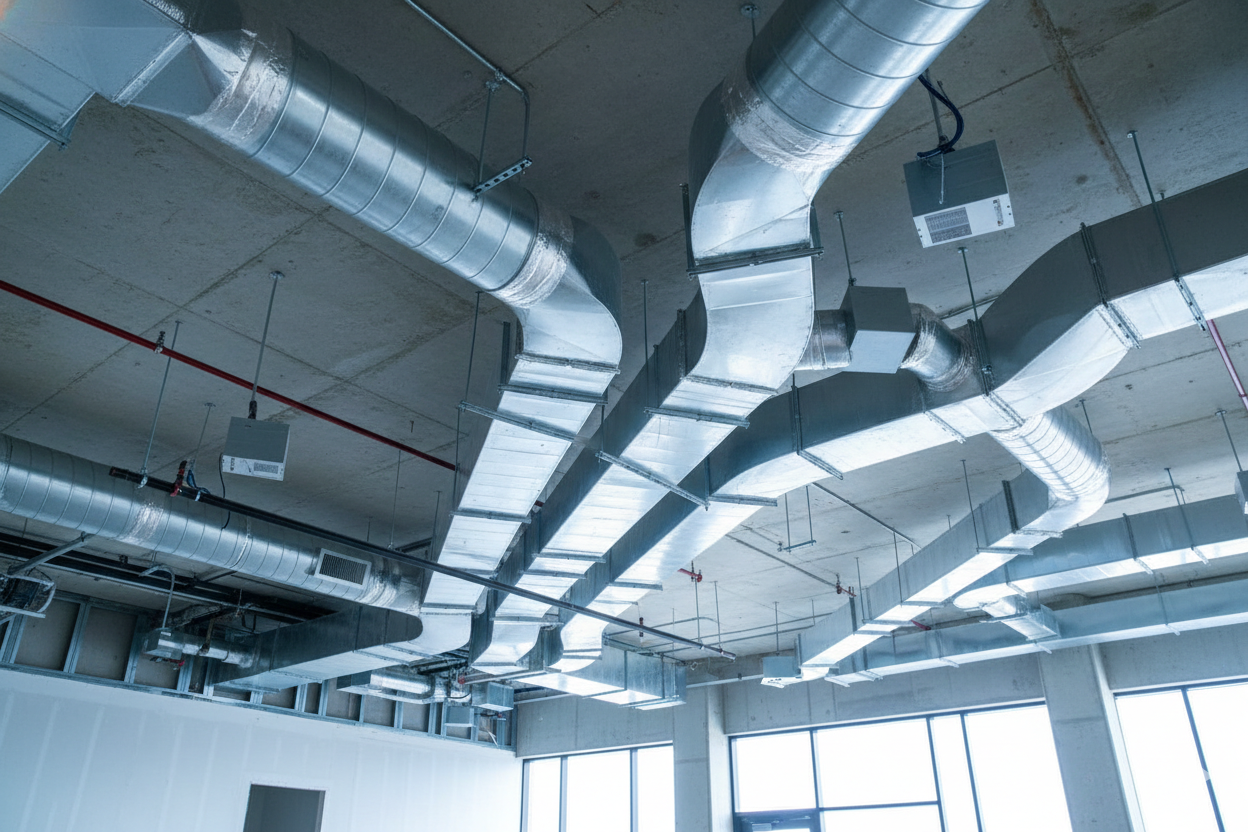 Air ducts and ventilation systems installed on a concrete ceiling in a building under construction.