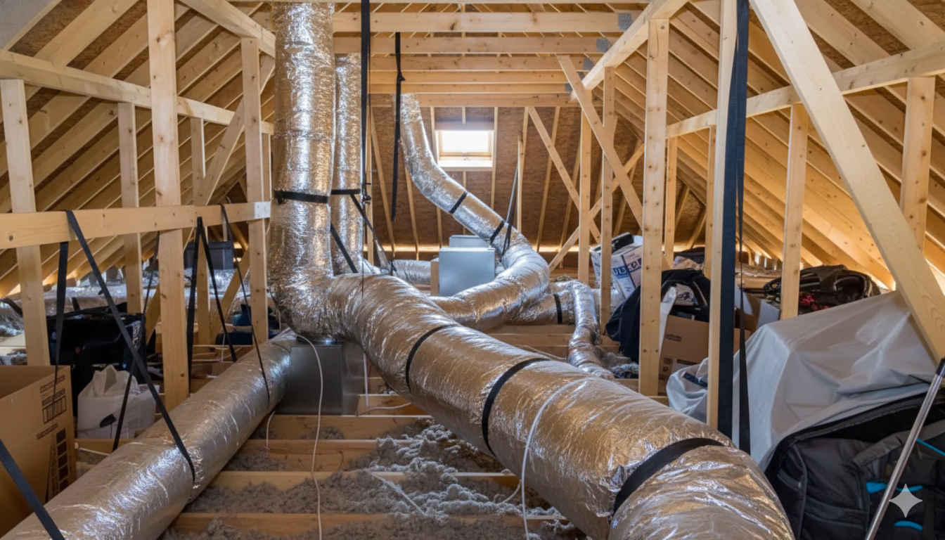 Interior view of an attic with HVAC ductwork, wooden beams, and insulation.