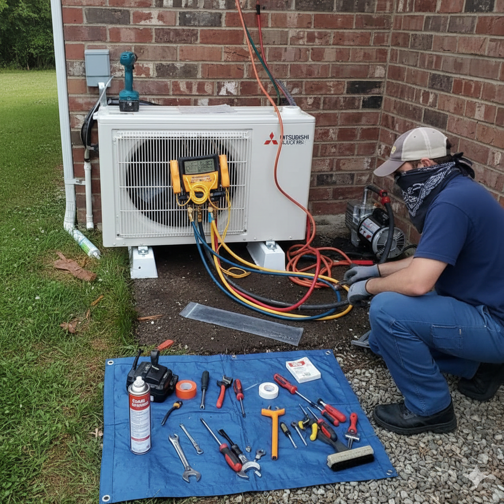 HVAC technician servicing a white Mitsubishi heat pump unit outdoors, with tools on a blue tarp.