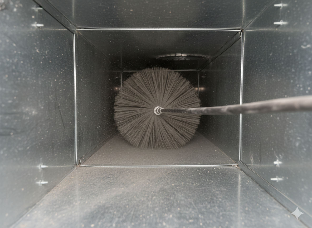 Brush cleaning an air duct, with dust visible.