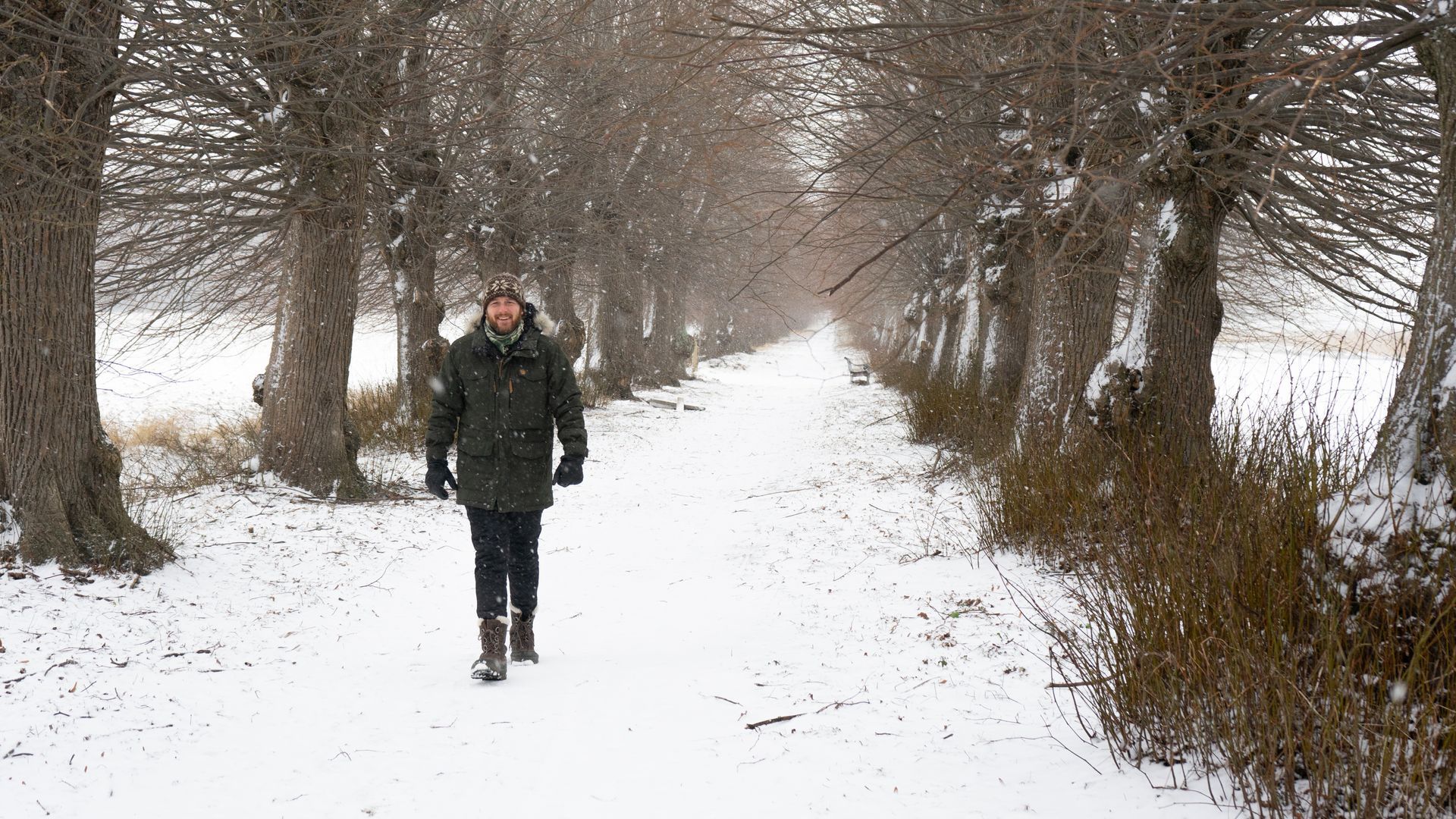 En mand går ned ad en snedækket sti med træer.