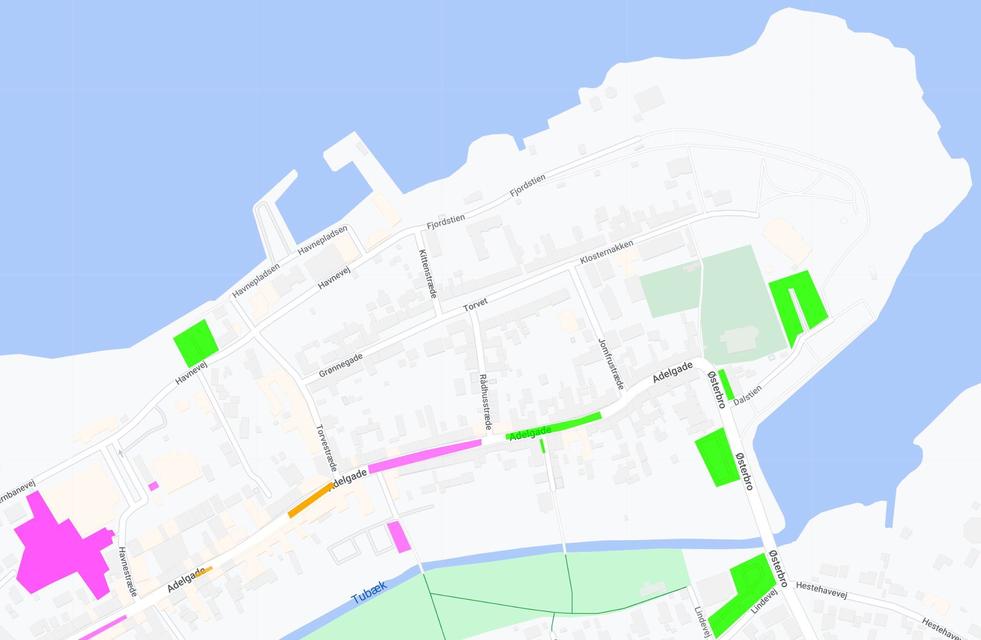 Kort der viser parkeringsmuligheder i Præstø