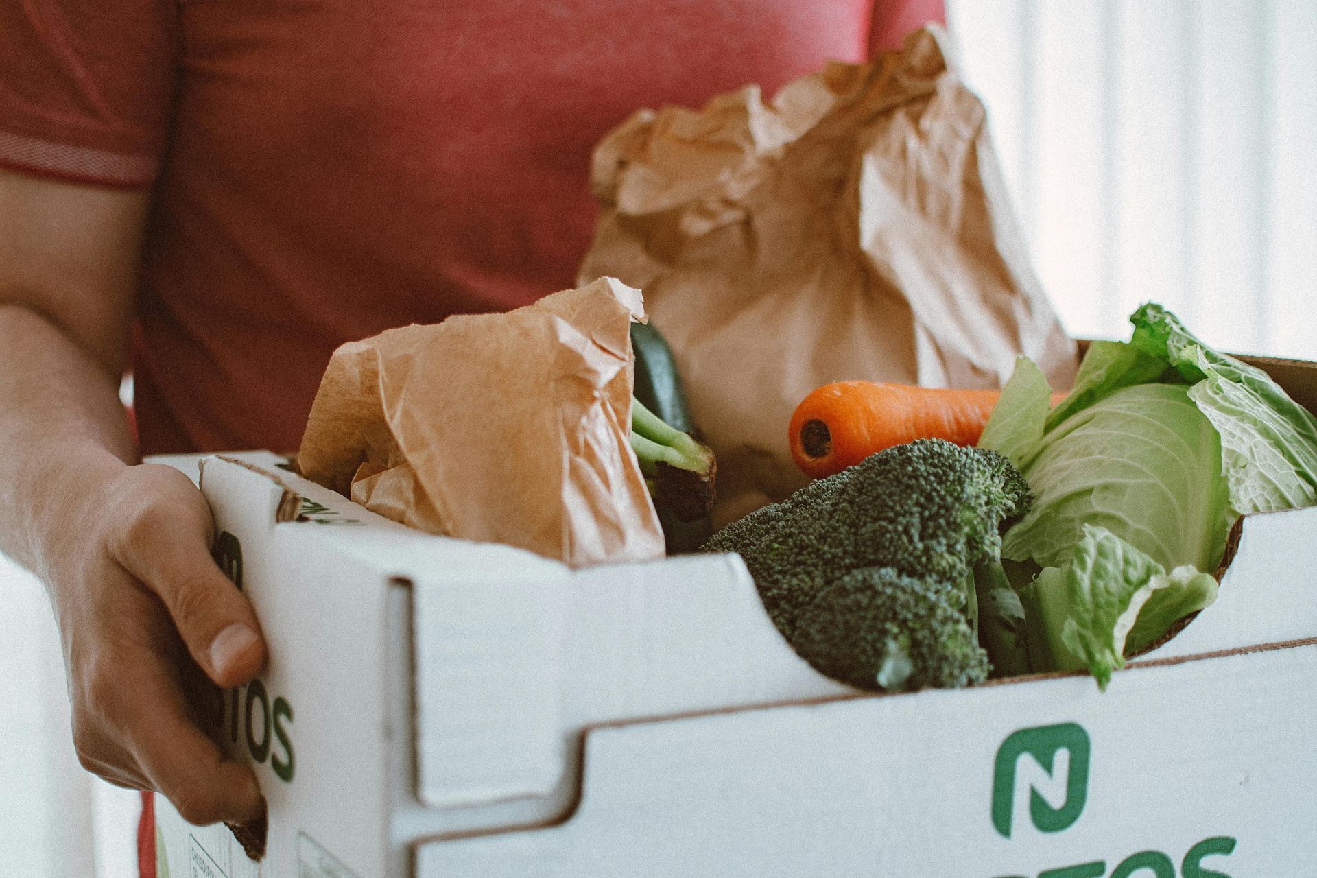 Person holding a box of groceries including broccoli, carrot, and lettuce.