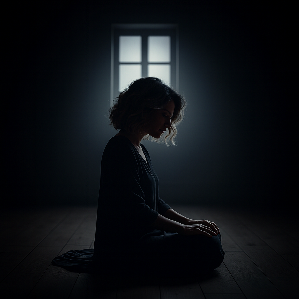 Mujer sentada en el suelo, con postura recogida y mirada hacia abajo, en un espacio oscuro iluminado