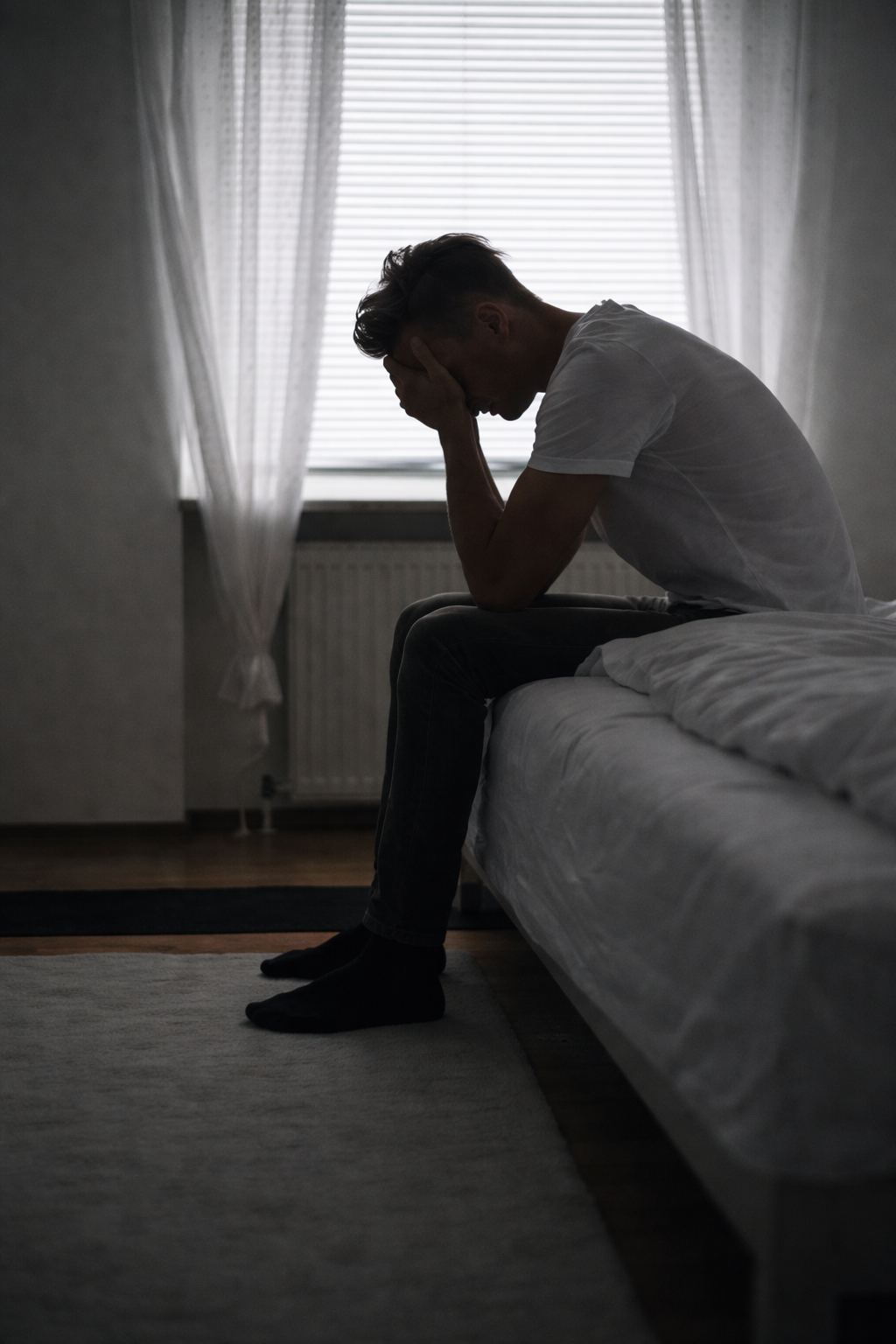 Persona sentada en, mirada hacia abajo y luz suave, mostrando cansancio emocional y supervivencia