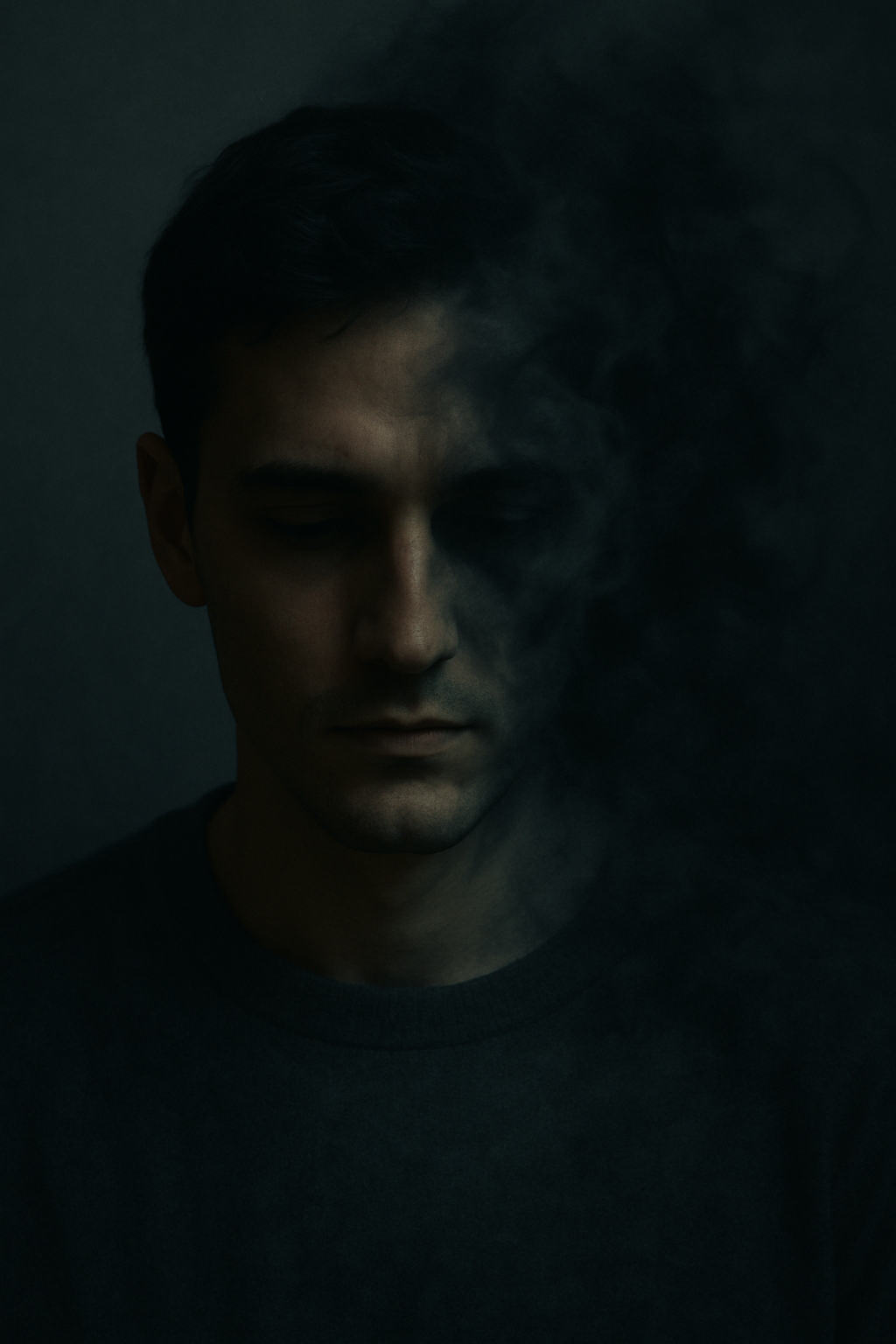 Rostro masculino con sombras difusas y humo simbolizando el consumo experimental como escape emocion