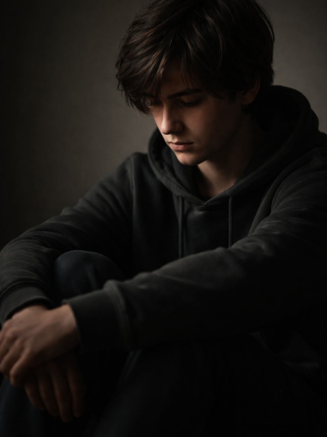 Adolescente sentado en silencio con expresión reflexiva, representando conductas de riesgo