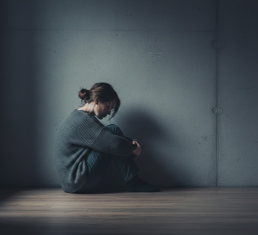 Persona sentada de perfil frente a muro vacío, tonos fríos, ambiente de introspección. VICTIMIZACION