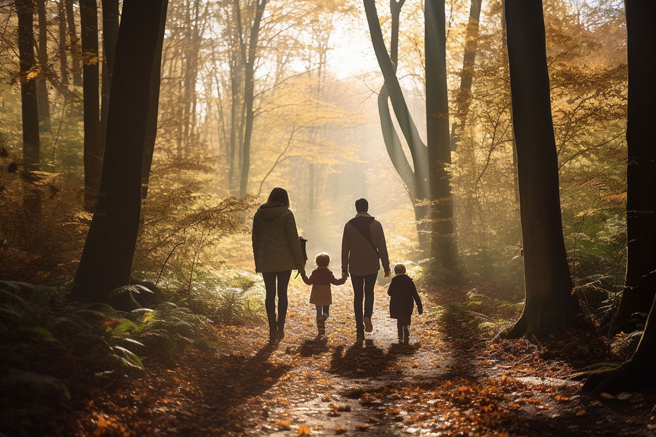 a family is walking down a path in the woods holding hands .