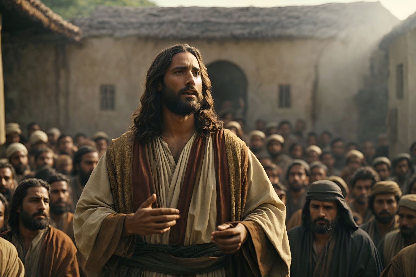 jesus is standing in front of a crowd of people and talking to them .