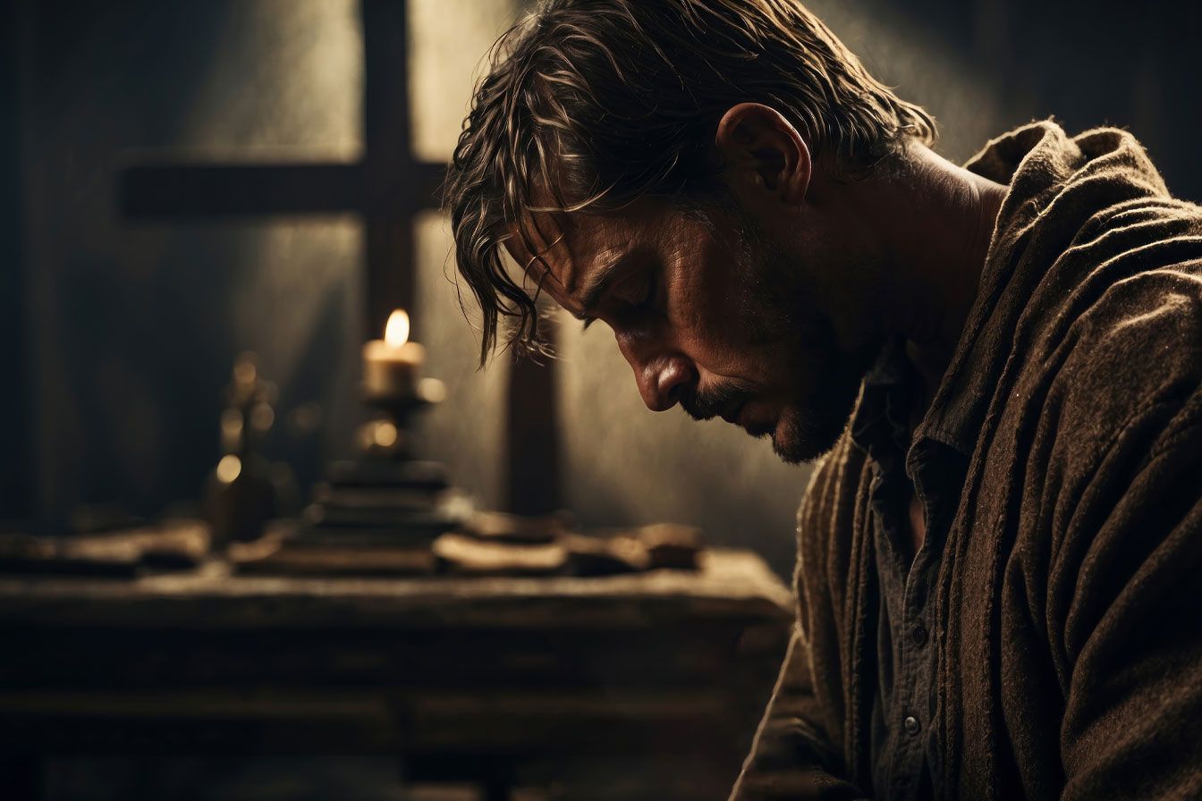 a man is sitting at a table with his head down in front of a cross .