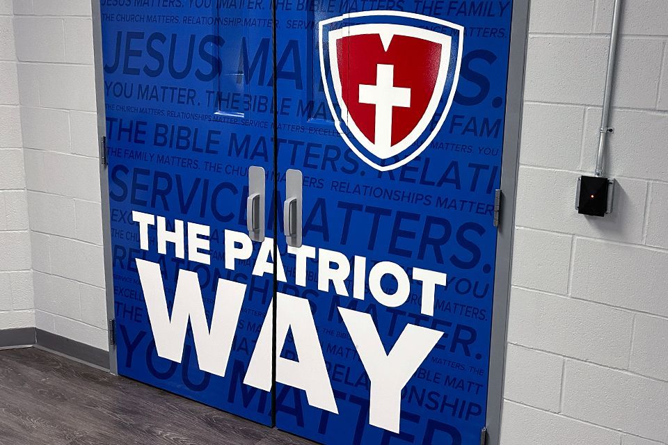 New doors wrapped on the inside with “The Patriot Way”