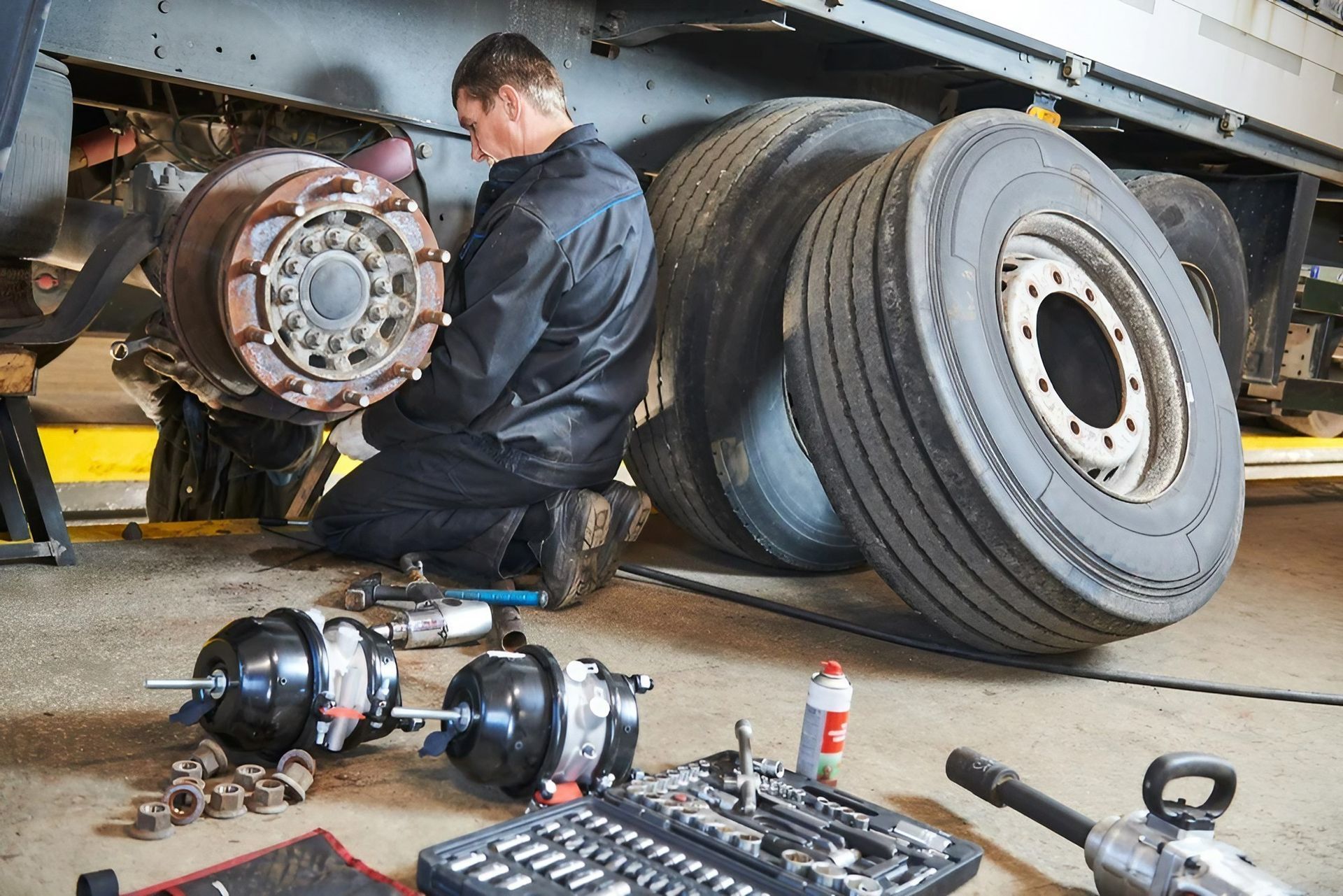 Mechanic replacing a truck wheel brake assembly beside a large tire, with tools spread on the floor. — Emu Park Automotive and Tyre Service in Keppel Sands, QLD