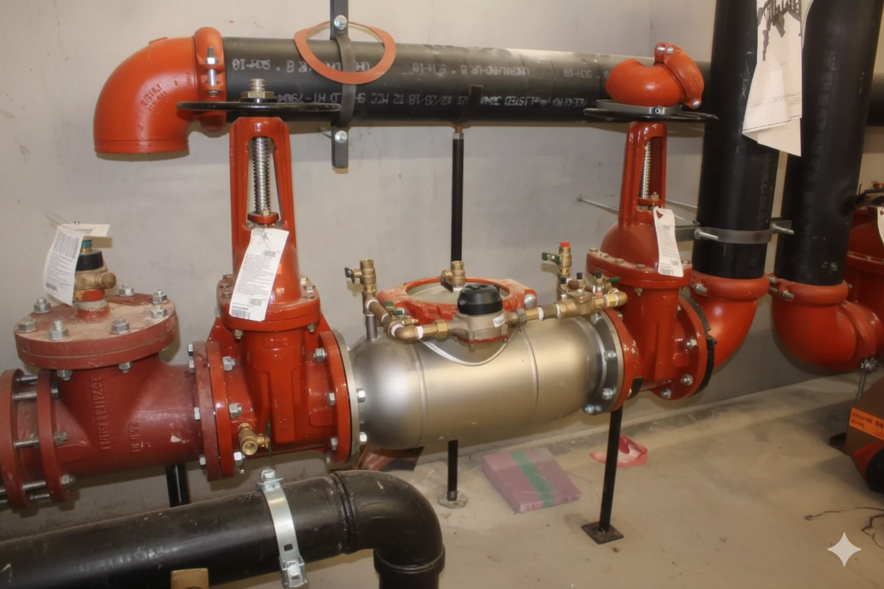 Red and black pipes with valves in an industrial setting.