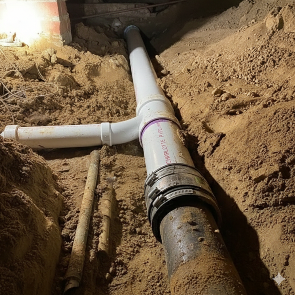 Plumbing pipes in a dirt trench: white PVC connects to a rusted pipe, under a structure.