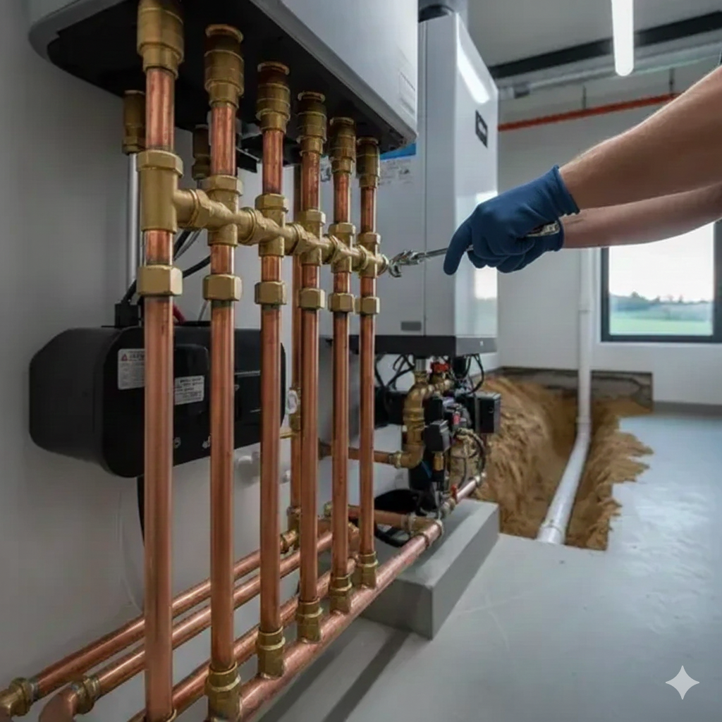 Plumber installing copper pipes with brass fittings; interior shot.