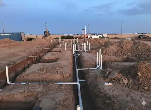 Underground plumbing installation in dirt trenches, with white PVC pipes. Construction site, outdoors.