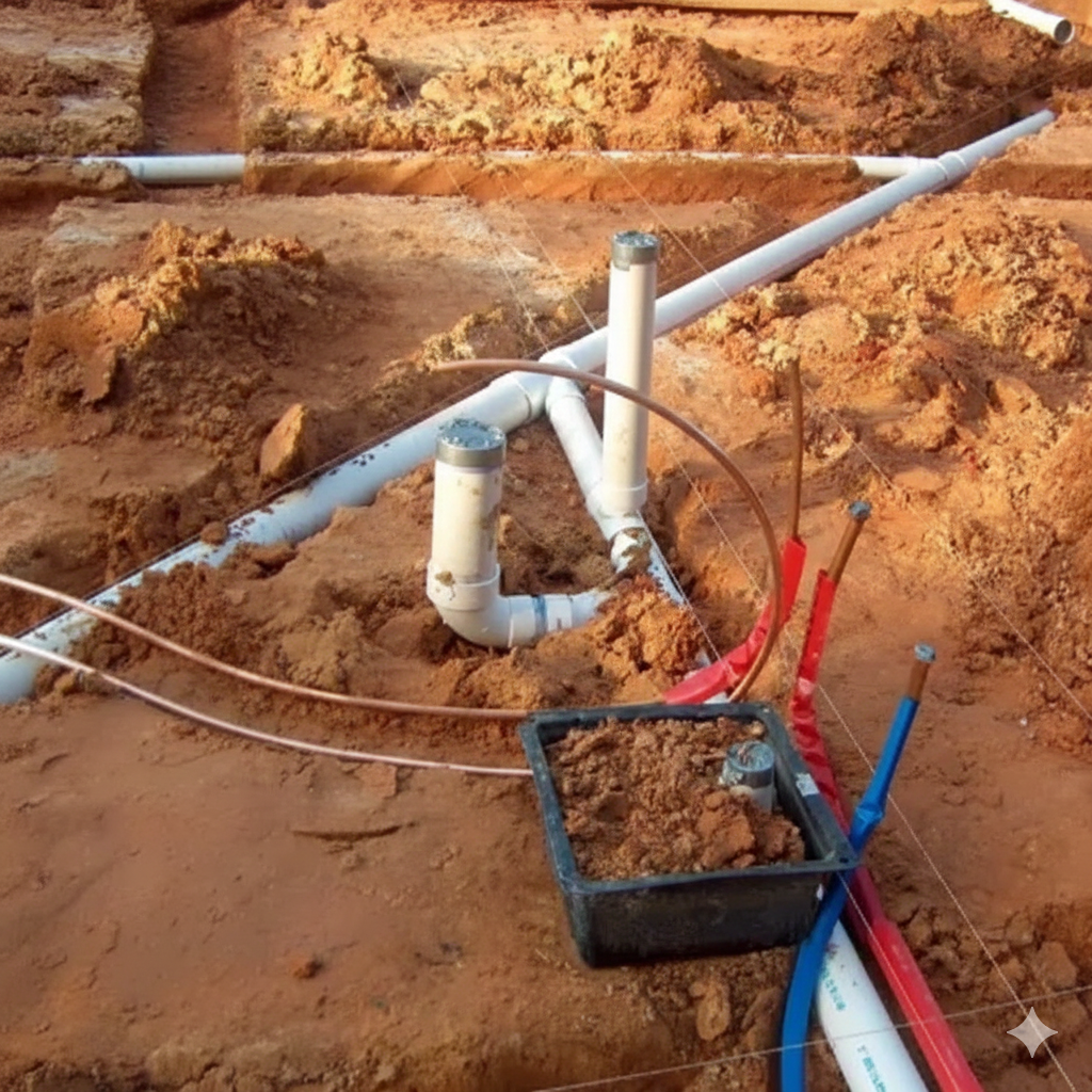 Underground plumbing, electrical wires, and a small container sit in a construction site's dirt.