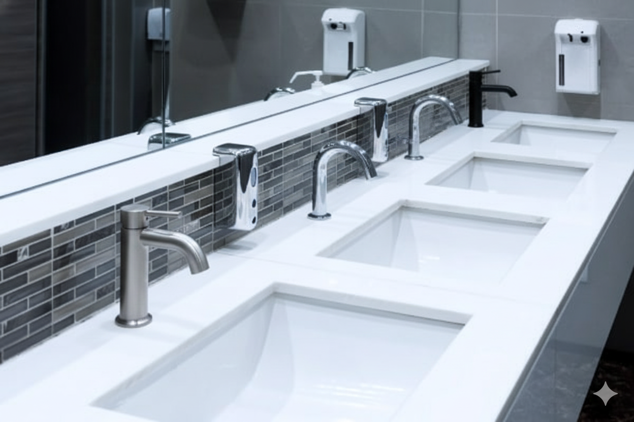 Modern public restroom with white sinks, chrome faucets, and soap dispensers, set against a mirror.