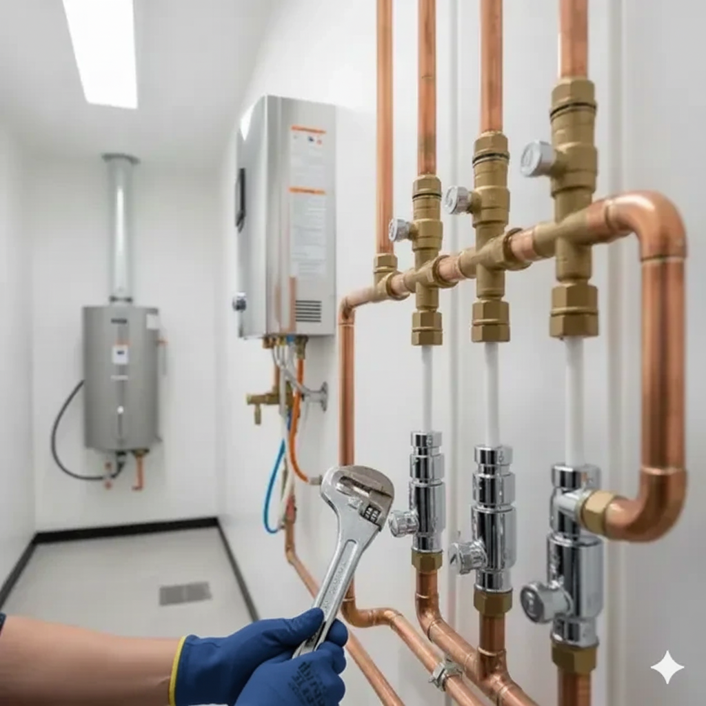 Plumber with wrench, fixing copper pipes near a water heater in a utility room.