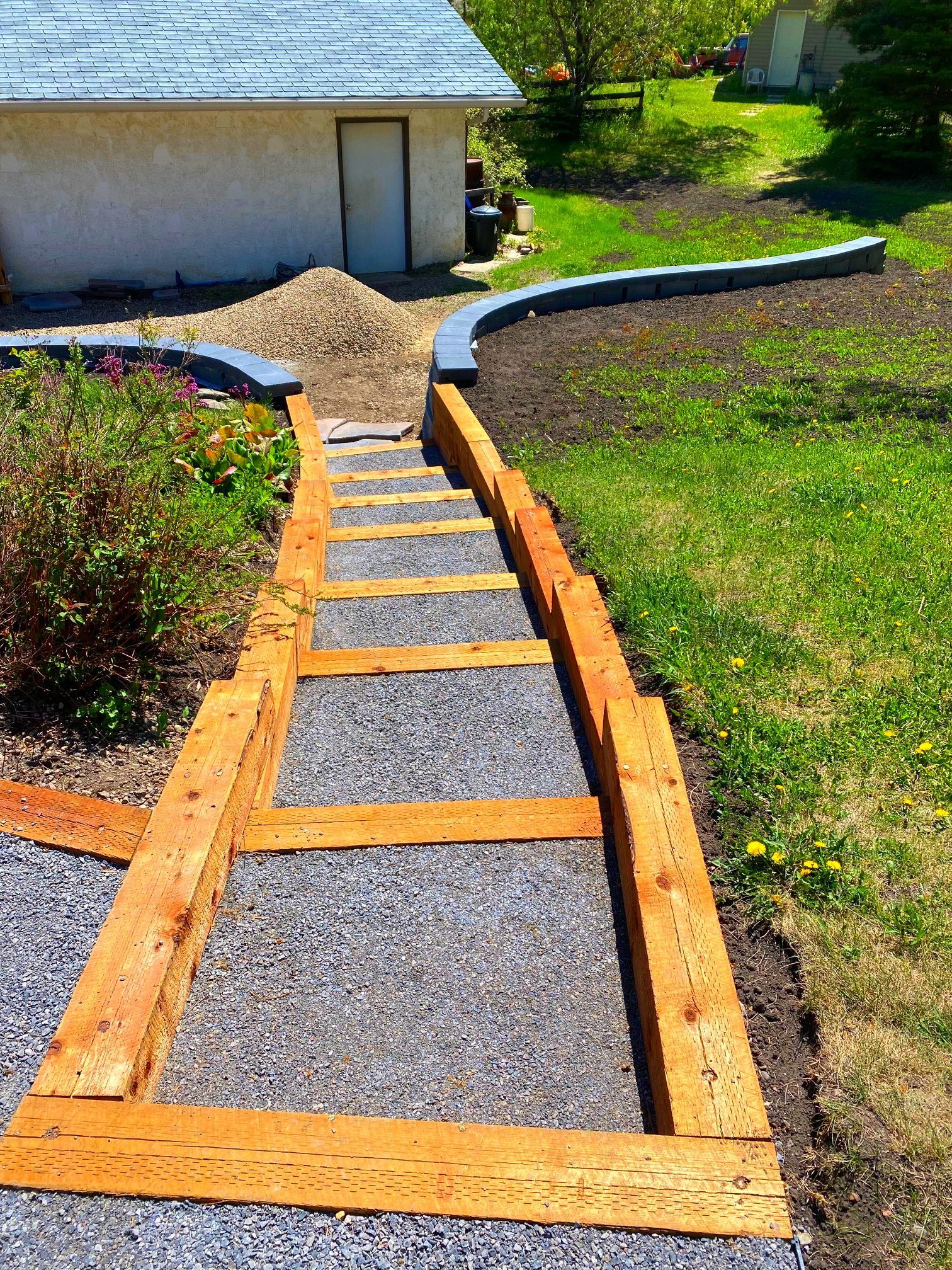 Crushed Limestone steps with 6x6 wood retaining wall