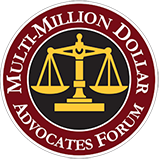 The logo for the multi-million dollar advocates forum has a scale of justice in the center.