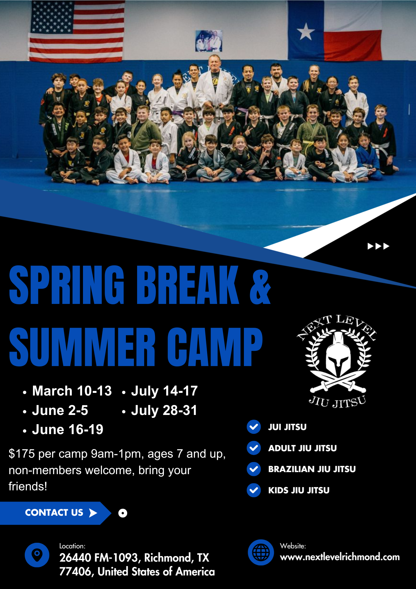 A poster for a spring break and summer camp