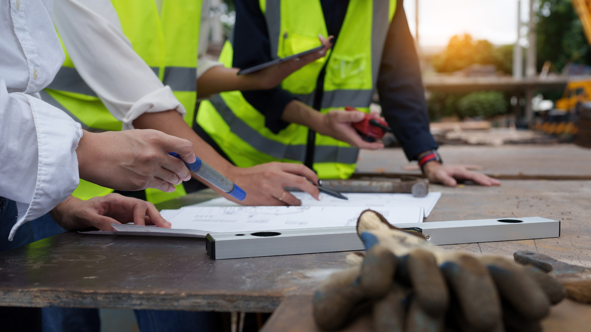 A group of construction workers are sitting at a table looking at a blueprint.