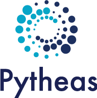 A logo with a swirl of light blue and dark blue dots forming a circle above the dark blue text "Pytheas".