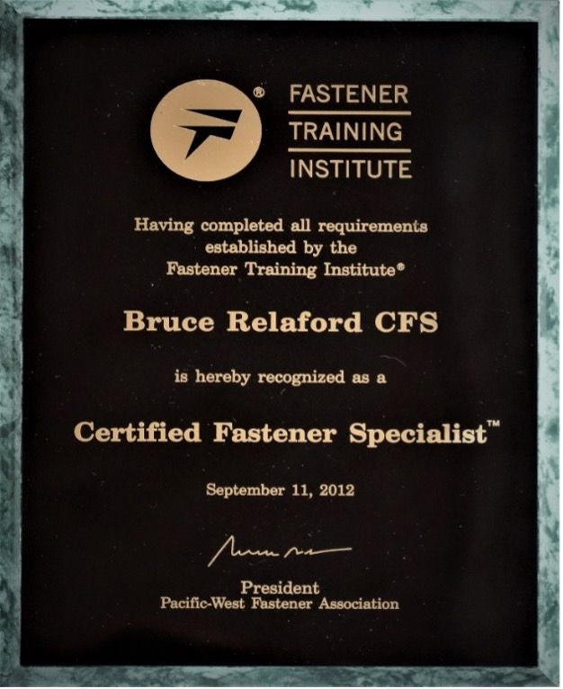 Certificate — San Diego, CA — Western Fastener