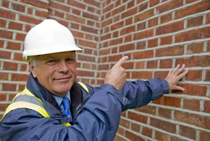 Expert pointing to a red brick wall