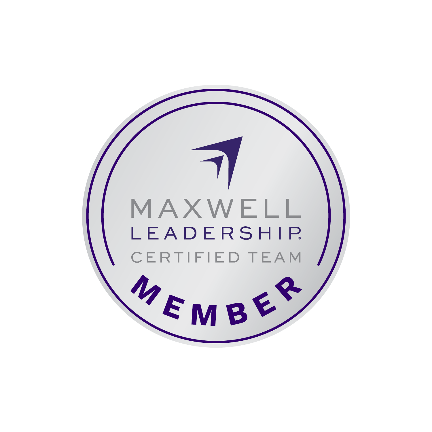 Maxwell Leadership Certified Team Member badge: silver, purple, with an upward arrow logo.