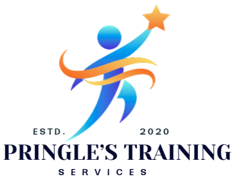 Logo for Pringles Training Services with checkered flag, blue text, and Pitstop.
