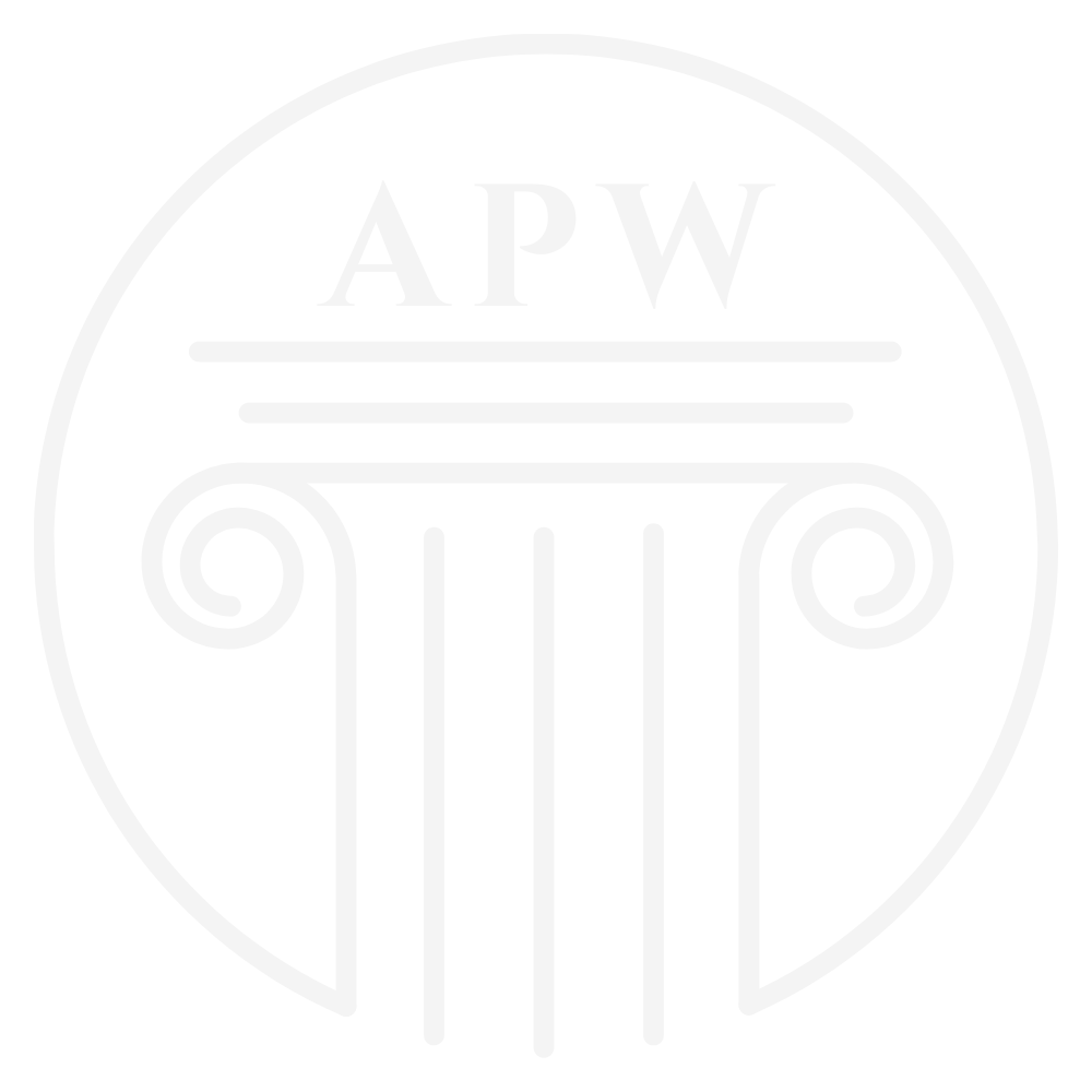 A white logo with a pillar in the middle of it,  representing Accreditation Program of Wicca.