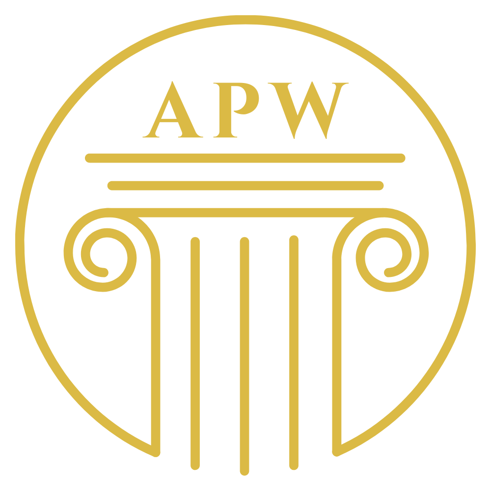 The logo for apw is a circle with a pillar in the middle,  representing Accreditation Program of Wicca.